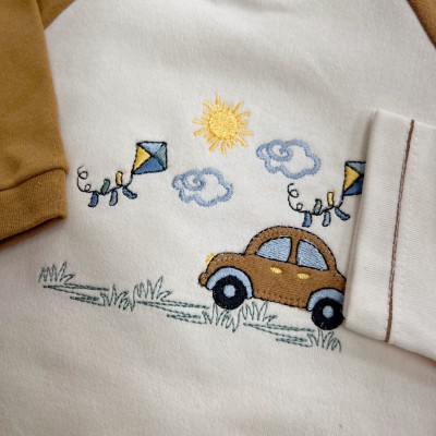 Conj. de Malha 3 peças - Carrinho e Pipas - Caramelo e Off White